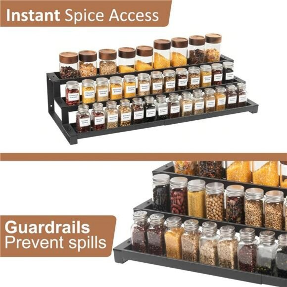 expandable spice rack organizer 3 tier metal cabinet pantry shelf seasoning hold - Picture 4 of 7